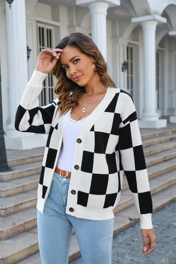 Seraphina Plaid Knit V-neck Cardigan - SunsetFashionLA